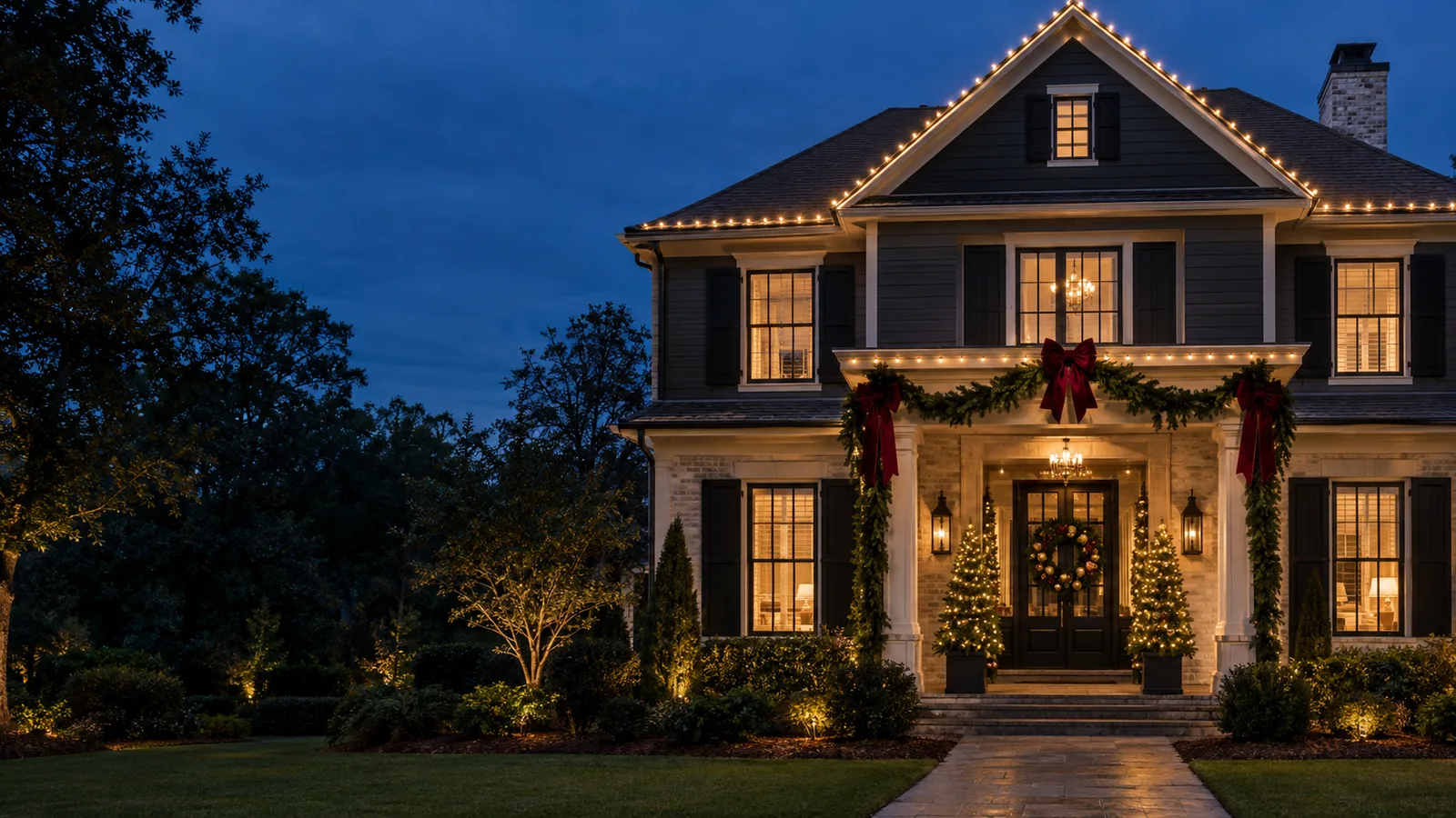 Holiday-home design concept with warm roofline lighting, evergreen garlands and red bows