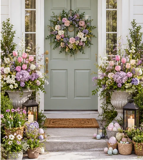 Easter entrance concept with blush and lilac florals, pastel eggs and greenery