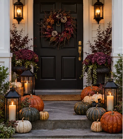 Halloween design inspiration with pumpkins and lanterns at a dark front entrance