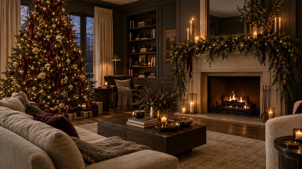 Interior holiday concept with decorated tree and a glowing fireplace