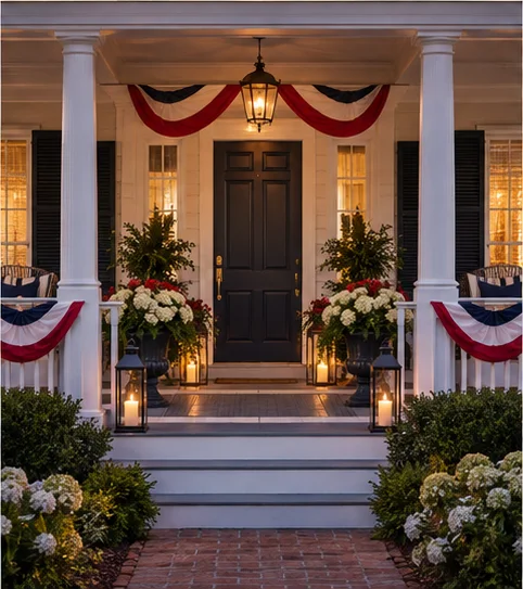 Fourth of July porch concept with tailored red white and navy bunting and lanterns